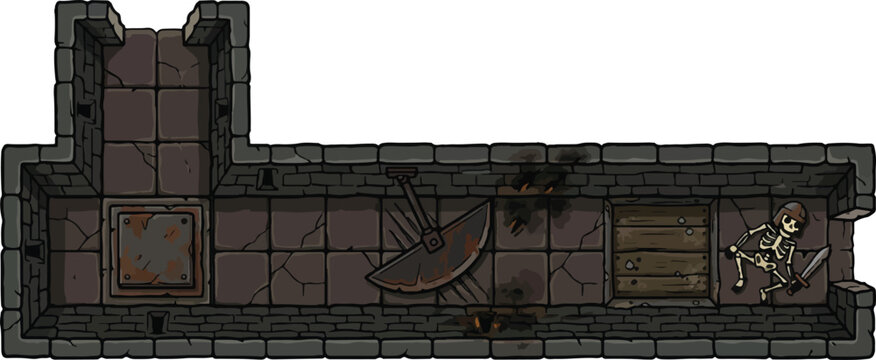 Fantasy dungeon corridor vector, top-down stone hallway with pendulum blade trap, medieval castle basement map with skeleton and wooden crate