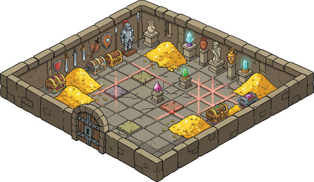 Isometric pixel art dungeon treasure room, medieval stone vault with gold piles and laser traps, fantasy RPG game level design vector
