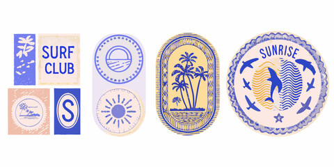 collection of seven blue and beige stamps featuring surf club sunrise and ocean themes © PabanBiswas