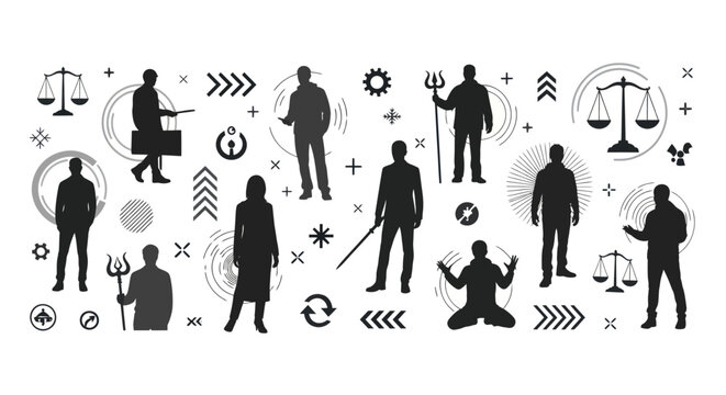 Silhouette people with abstract design elements