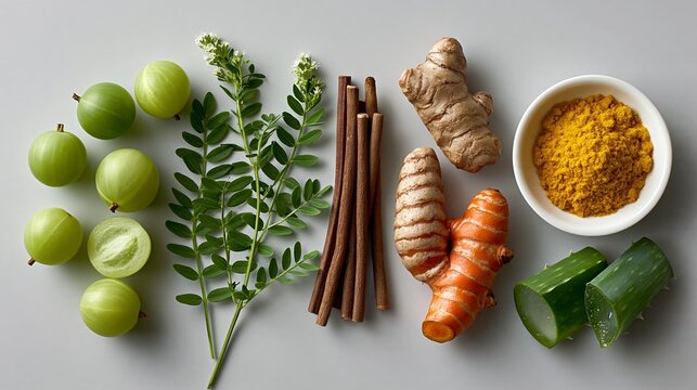 Fresh Indian herbs and spices including turmeric, ginger, curry leaves, and amla arranged on a gray surface with a bowl of turmeric powder
