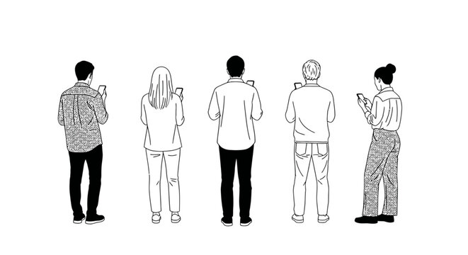 Group of people standing in a row using smartphones, minimalistic line art illustration