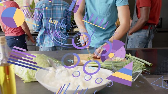 Man chopping scallions around island starting meal prep, animated charts drifting guiding team