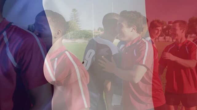 Blue 8 stepping forward, shaking hands with red 11, tricolor overlay moving, showing soccer respect