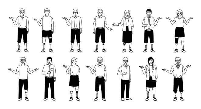 Diverse set of people with prosthetic legs in line art style for inclusive design