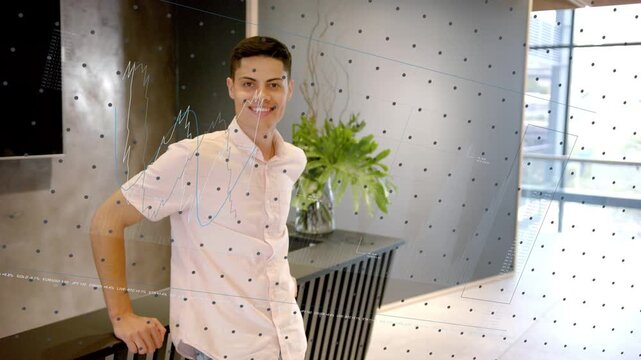 Man leaning on railing posing in lobby, posture shifting sparking grid chart overlay for business