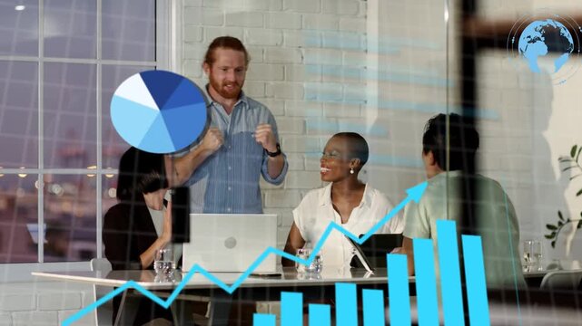 Biz team exchanging highfive shifting to data review lead pointing as HUD charts overlaying glass