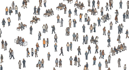 Diverse group of people in isometric style, walking and sitting. © set