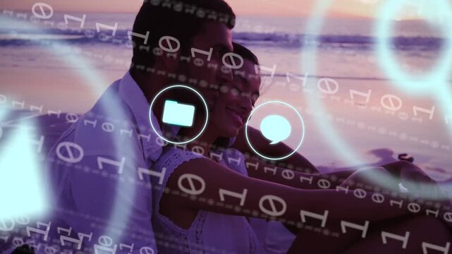 Couple leaning on beach binary stream causing overlaying app icons then receding showing tech link
