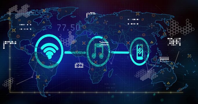Displaying cyan icon trio with lines and rings showing Wi?Fi, music, smartphone on data dashboard