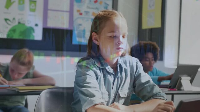 Girl placing hands then typing on laptop for learning, chart overlay highlighting laptop content
