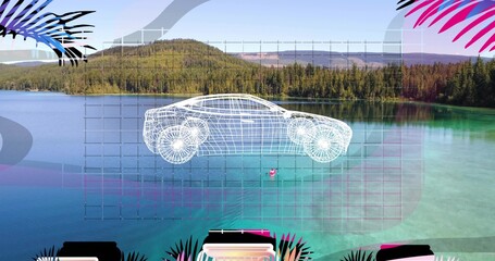 Obraz premium Floating white wireframe car hovering above turquoise lake, showing grid, palm fronds, pink buoy