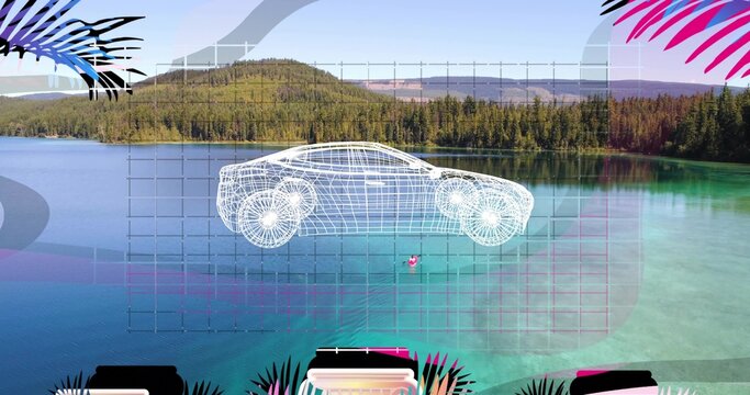 Floating white wireframe car hovering above turquoise lake, showing grid, palm fronds, pink buoy