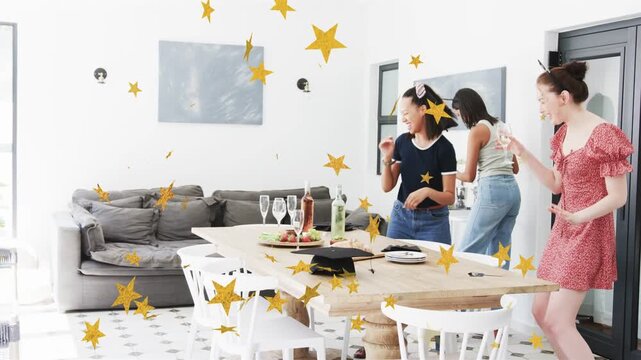 Golden star confetti appearing around table, women passing bottle and pouring flutes for graduation