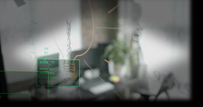 Displaying glass partition sketched with marker and green HUD marking coil in small office, laptop