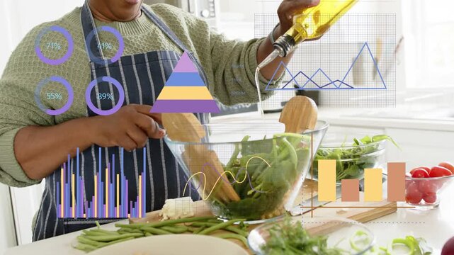 Home cook woman lifting oil bottle and tossing greens to dress salad, health charts overlaying bowl