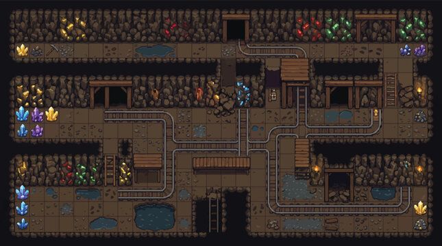 Pixel art underground mine level, retro 2D game environment with rail tracks and crystals, dark dungeon cavern map for adventure gaming
