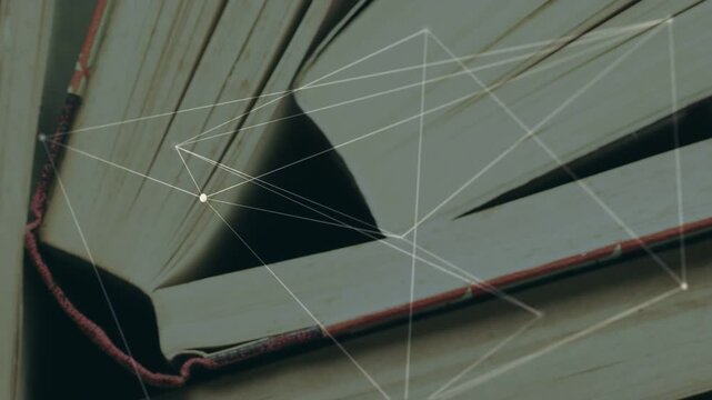 Network overlay forming over stacked books, camera panning out, nodes sliding mapping page links