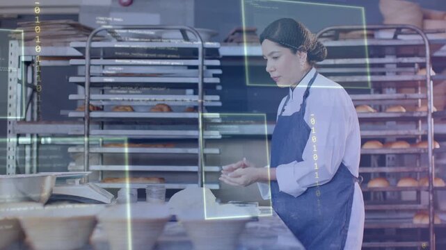 Baker touching dough, shaping portions, weighing for baking while helper arriving, UI overlaying