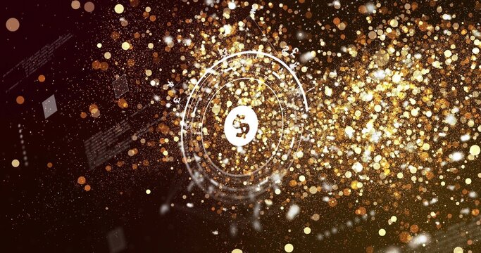 Glowing white dollar token spinning within concentric rings in data map, with golden particles