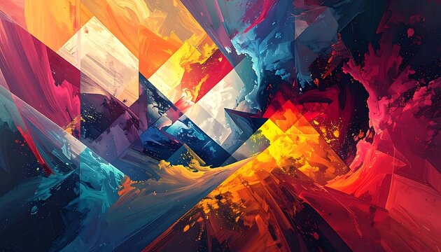 A vibrant abstract artwork with splattered colors and geometric shapes