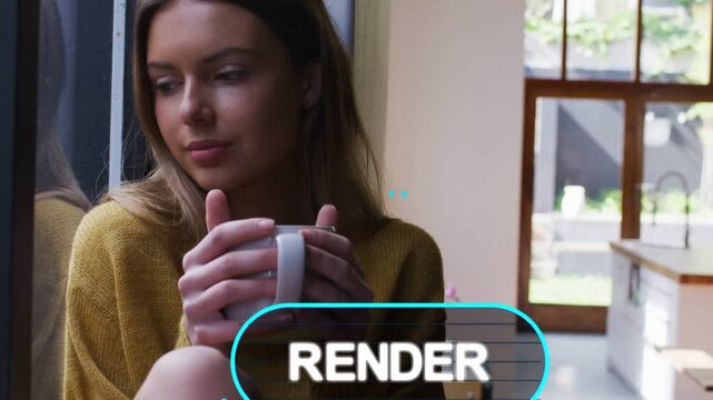 Woman sitting window holding mug UI loading animating RENDER, PIXEL labels near gaze showing render