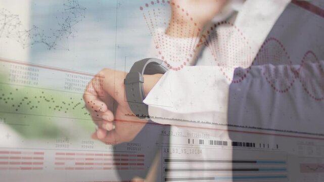 Businesswoman checking smartwatch, grabbing phone and calling to confirm meeting with data overlays