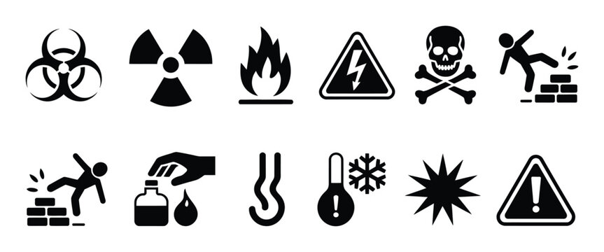 comprehensive collection of universal hazard symbols and warning signs representing various dangers and safety precautions for industrial, chemical, and environmental risks, modern safety icon set