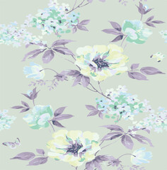 Fototapeta premium Big flowers pattern, upscale floral pattern. graphical textures floral, trendy colors pattern , flowers background with leaves. vector illustration.