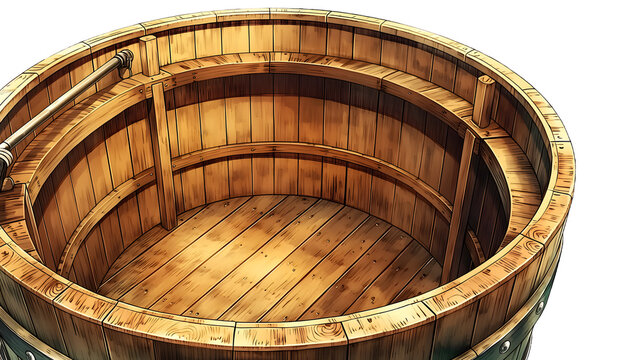 Illustrative wooden tub interior with sturdy construction and metal rod detail, isolated on transparent background