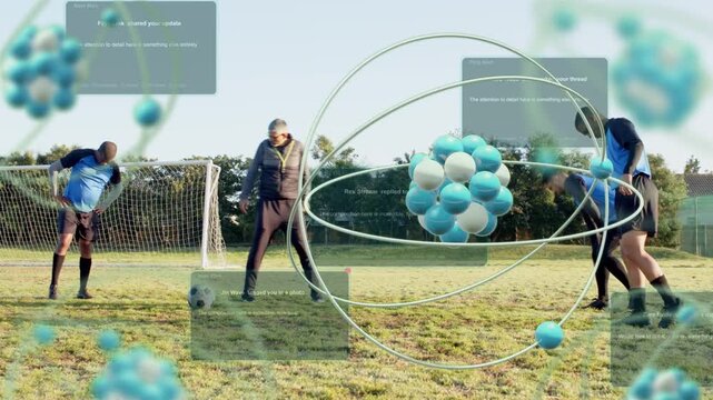 Coach tapping ball and coaching players, players shifting on pitch while 3D orb and UI overlaying