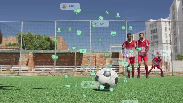 Blue kicker runup, planting foot and kicking ball trying goal, sports UI counts rising around ball