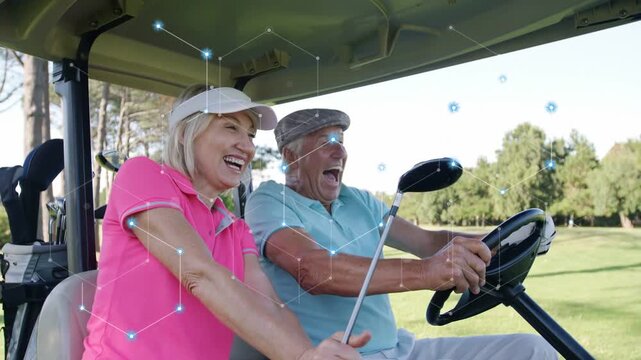 Mature woman leaning, man gripping wheel, frames sparking network overlay across golf cart for tech