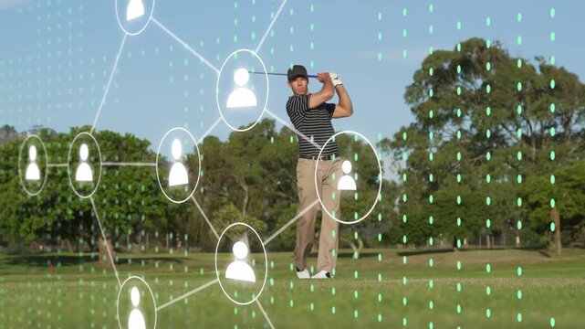 Male golfer addressing ball on fairway, swinging, icon nodes linking, tracking club for analytics