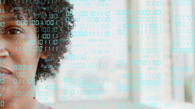 Woman speaking and smiling while teal binary scrolling over windows partly hiding face for tech