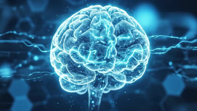 A digital brain with connecting lines on a blue background, luminous circuitry-like structure, sleek scientific styling, clear modern atmosphere, ultra-realistic, no logos.