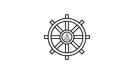 Obraz premium Dharmachakra Wheel of Dharma Symbol with Buddha Silhouette Center Line Art.