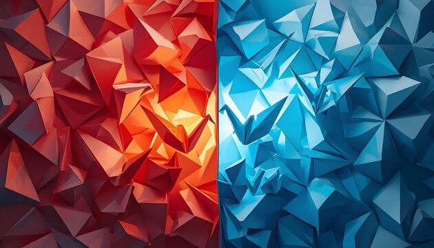 Origami Geometric Forms Split Red Blue
