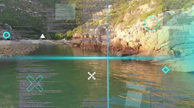 Cyan scan beam firing HUD, rocky cove showing AR markers, panning forward to map coast
