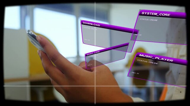 Hands entering left holding phone, tilting and tapping, UI panels sliding revealing STATUS online