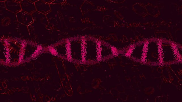 Crossing particle trails initiating pink clusters forming double helix, oscillating and showing DNA