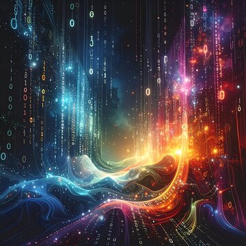 A vibrant, futuristic digital artwork with colorful lines and binary code
