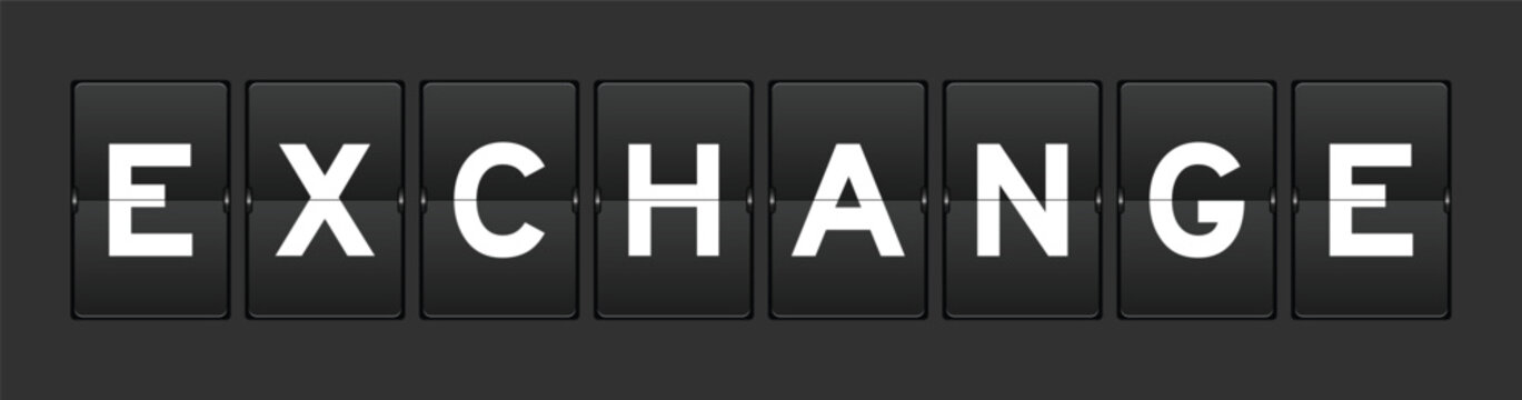 Black color analog flip board with word exchange on gray background