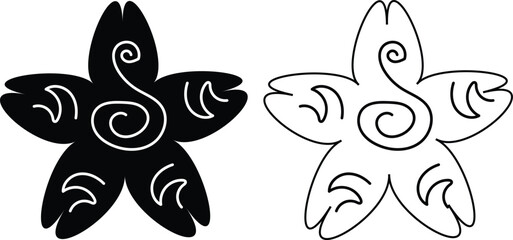 Naklejka premium Five Pointed Star Icon Set with Triple Layer Outline and Small Decorative Sparkle Accents in Black and White