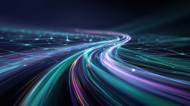 Streams of bright energy flow rapidly along a curved digital pathway against a dark background.