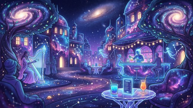 Enchanting Cosmic Cityscape with Whimsical Architecture and Starlit Ambiance.