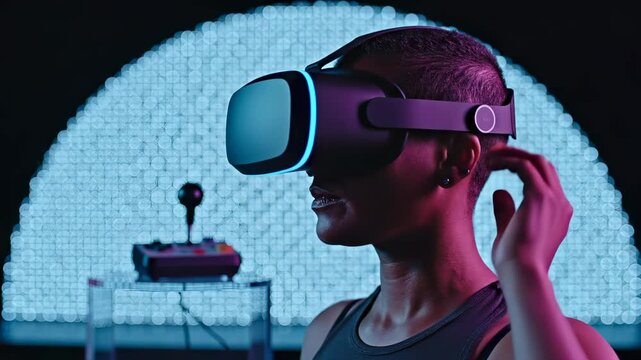Woman wears VR headset with neon lighting in futuristic studio. Female uses virtual reality goggles with hexagon wall. Woman experiences VR technology with neon purple light and pattern display.