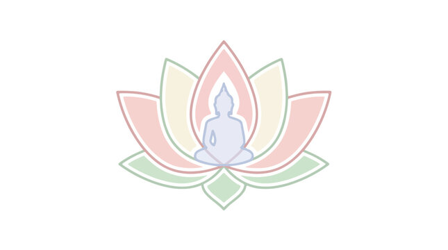Minimalist Buddha silhouette centered inside a stylized lotus flower illustration.