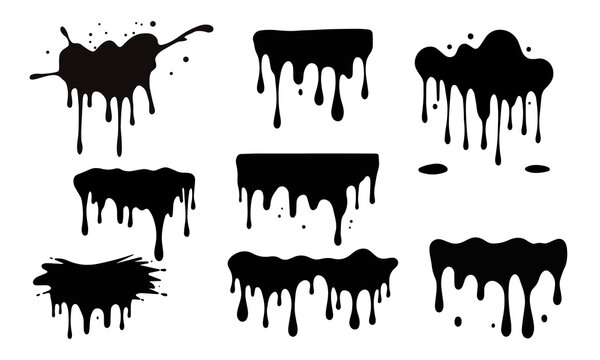 Black paint drips and splashes isolated on white. grunge liquid texture with flowing drops and stains. ink drip, paint splash, liquid flow, grunge texture, abstract background