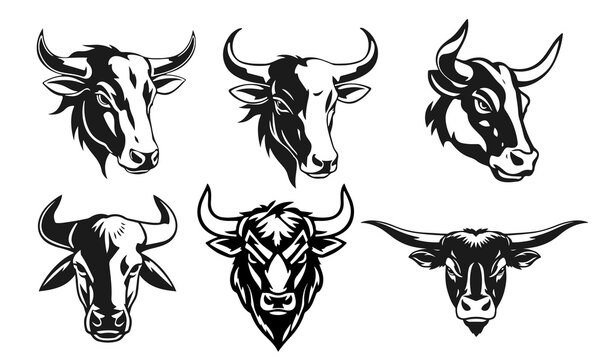 Set of bull heads in different styles isolated on white. strong animal symbols for branding and design. bull head, strong animal, cattle emblem, farm livestock